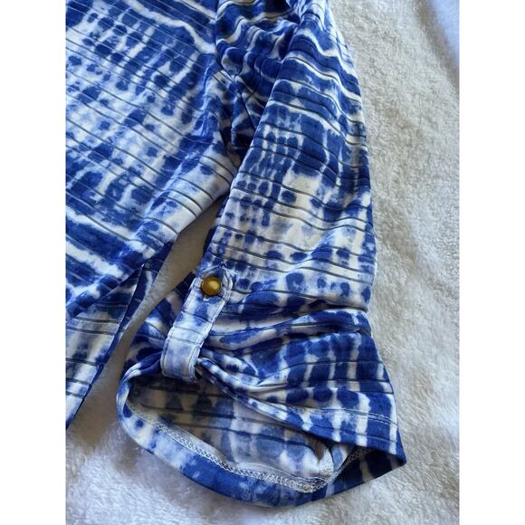 C. D. DANIELS Top 2X Casual Blue Stretch Roll Tab Abstract Striped Button - Picture 5 of 16